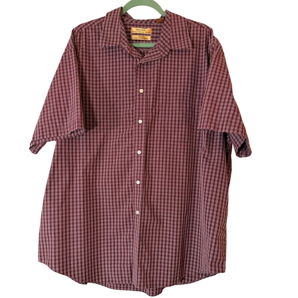Roundtree & Yorke Gold Label Men XXL Burgundy Plaid Non Iron Short Sleeve Shirt